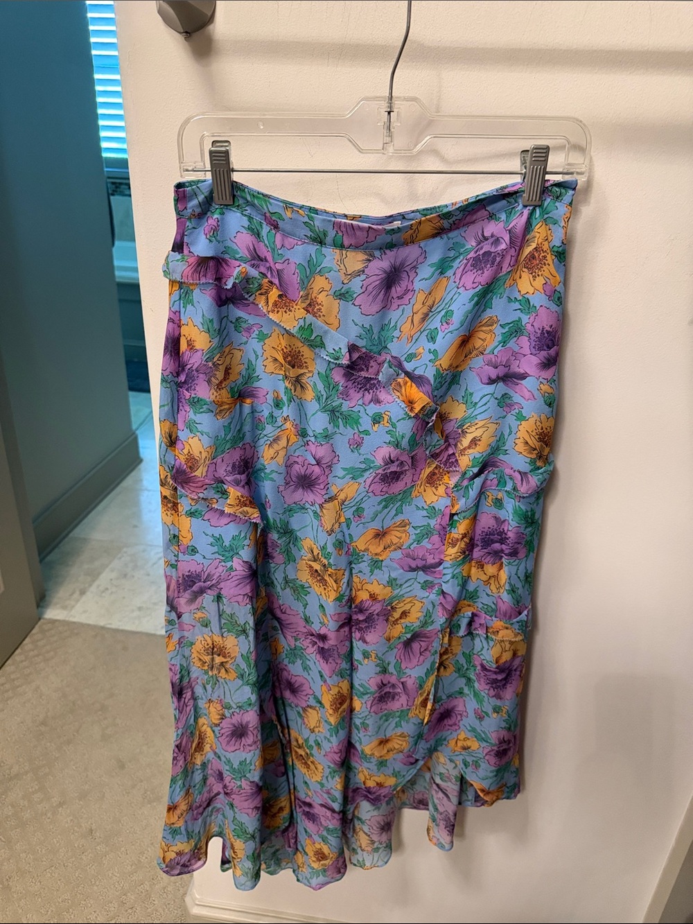 Veronica Beard Sky Blue Floral Midi Skirt with Purple & Yellow Flowers